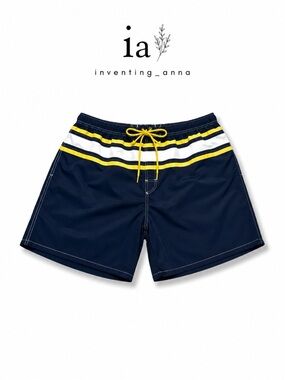 Catalina Men’s Navy Swim Trunks Yellow White Stripe Mesh Lined